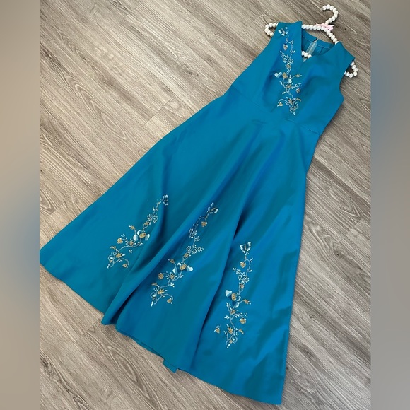 Vintage Dresses & Skirts - Vintage 70’s Maxi Embroidered Turquoise Sleeveless Dress